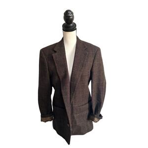 Vintage Dark Brown Wool Blazer 38S Herringbone Plaid Unisex Tailored Jacket